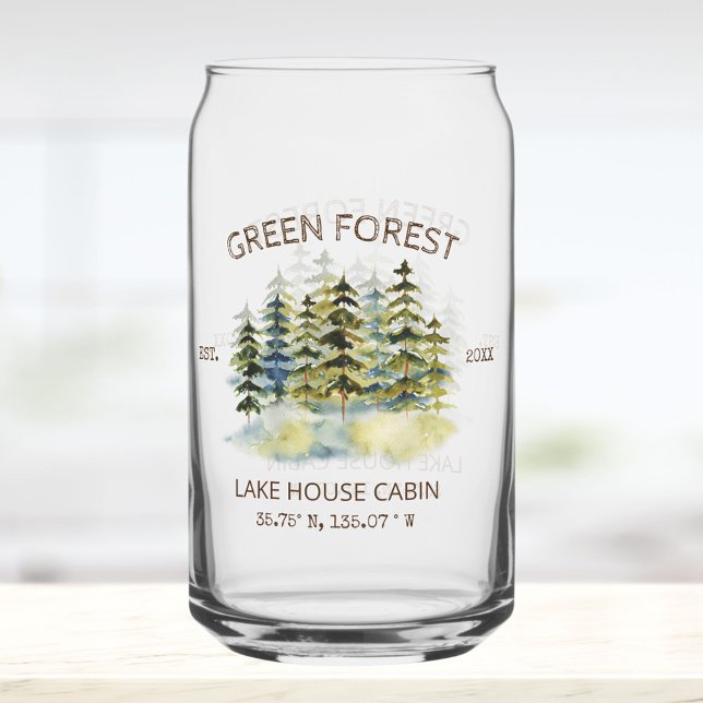 Vintage Foggy Green Forest Watercolor Cabin Lodge Dosenglas (Close up)
