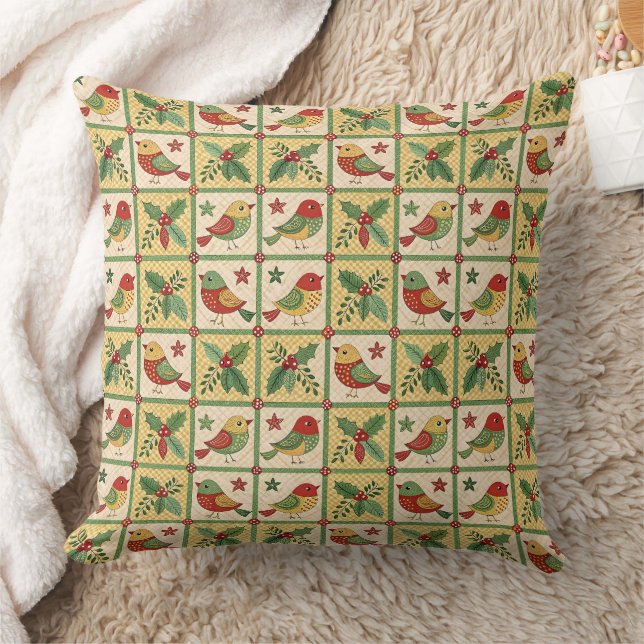 Vintage Folk Art Christmas Birds & Holly Berry Kissen (Decke)