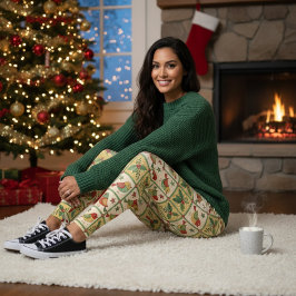 Vintage Folk Art Christmas Birds & Holly Berry Leggings