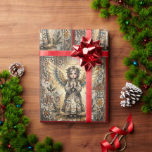 Vintage-Folk-Art-Engel-Weihnachtseinpackpapier