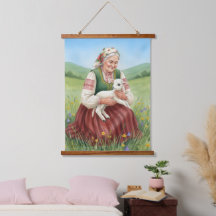 Vintage-Folk-Art-Oma-Lamm-Hängende-Leinwand-Kunst