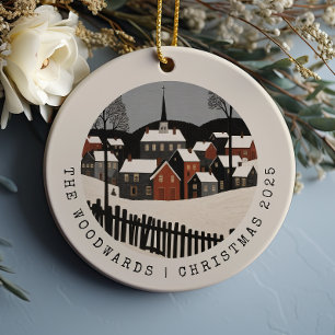 Vintage Folk Art Winter Village Szene Weihnachten Keramik Ornament