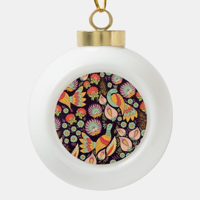 Vintage Folk Floral Birds Ornament (Vorderseite)