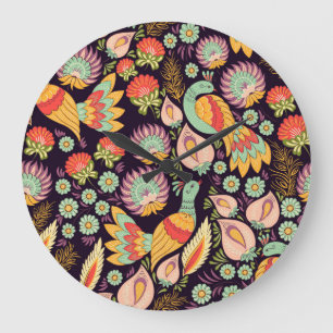 Vintage Folk Floral Birds Ornament Große Wanduhr