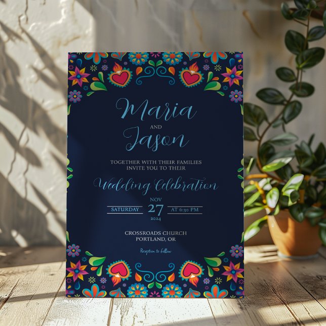 Vintage Folklore-Hochzeit der mexikanischen Marine Einladung (Mexican Navy Blue Vintage Folkloric Floral Wedding Invitation)