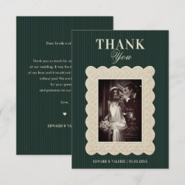Vintage Forest Green Stripes & Ivory Lace Wedding Dankeskarte