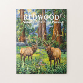 Vintage Forest Redwood Wildlife Elk Van Gogh Style Puzzle