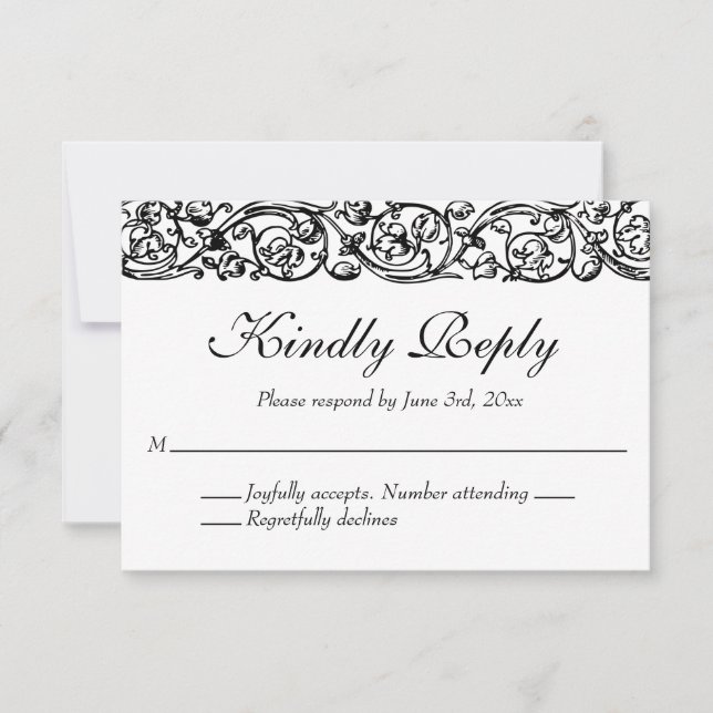 Vintage formelle Schwarz-Weiß-Hochzeit RSVP Karte (Vorderseite)