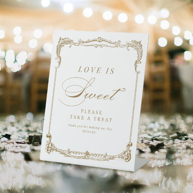 Vintage Frame Classic Script Liebe ist Sweet Sockelschild (Gold Vintage Frame Classic Script Love is Sweet Pedestal Sign)