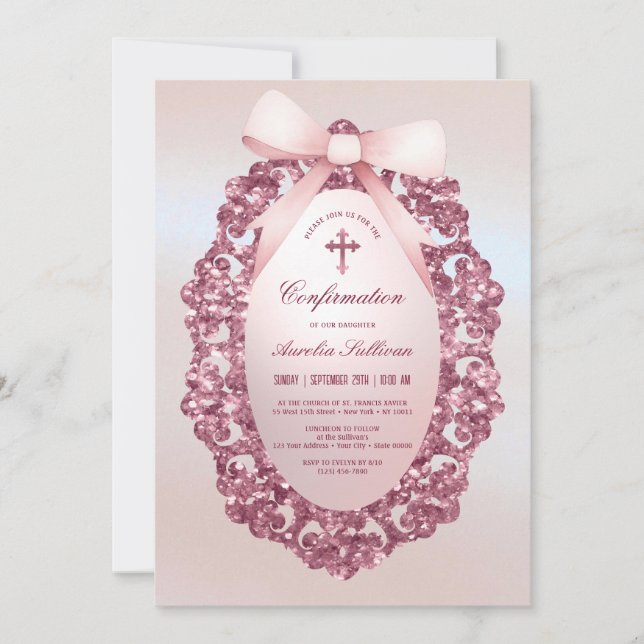 Vintage Frame Pink Bow Imitats Foil Confirmation Einladung (Vorderseite)