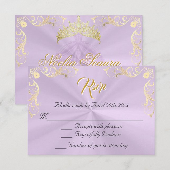 Vintage Frame Quinceanera RSVP - Lavender/Gold Karte (Vorne/Hinten)