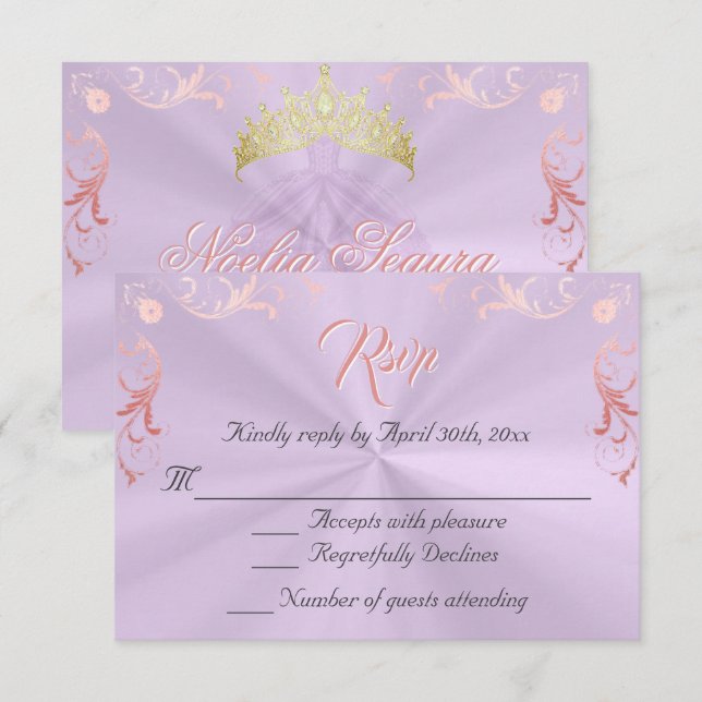 Vintage Frame Quinceanera RSVP -Lavender/Rose Gold Karte (Vorne/Hinten)