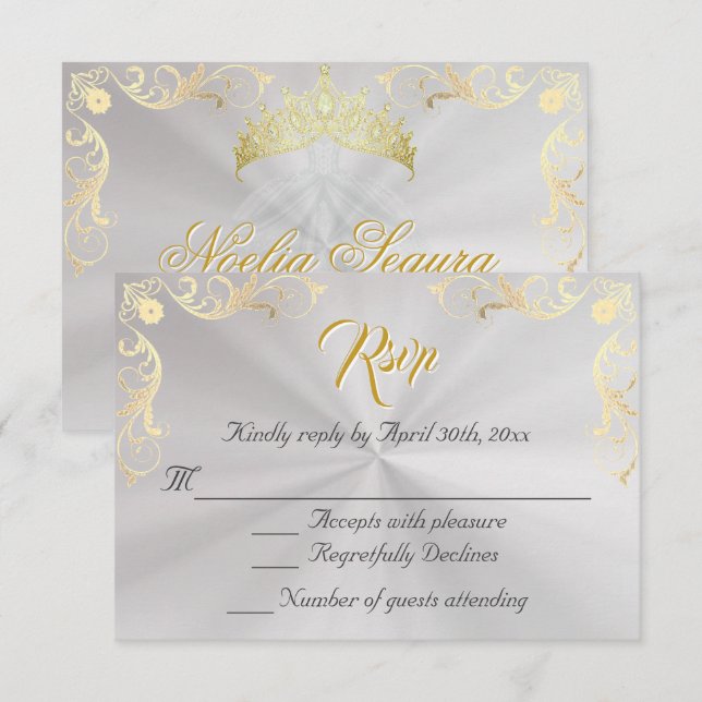 Vintage Frame Quinceanera RSVP - Pearl/Gold Karte (Vorne/Hinten)