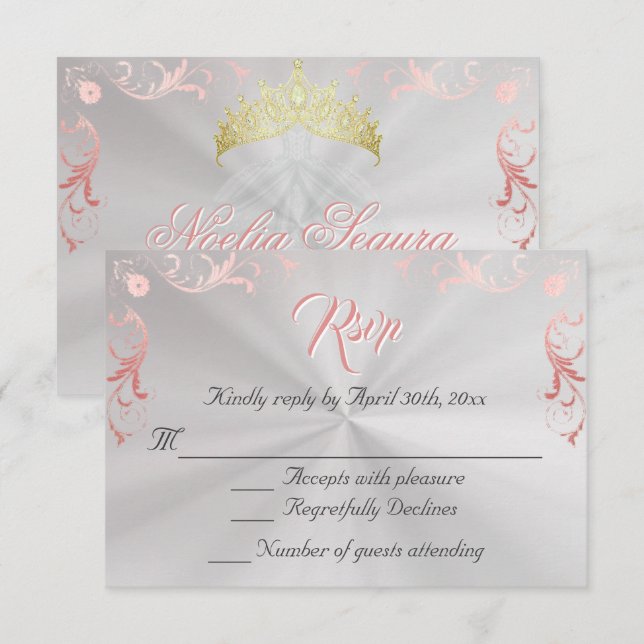 Vintage Frame Quinceanera RSVP - Pearl/Rose Gold Karte (Vorne/Hinten)