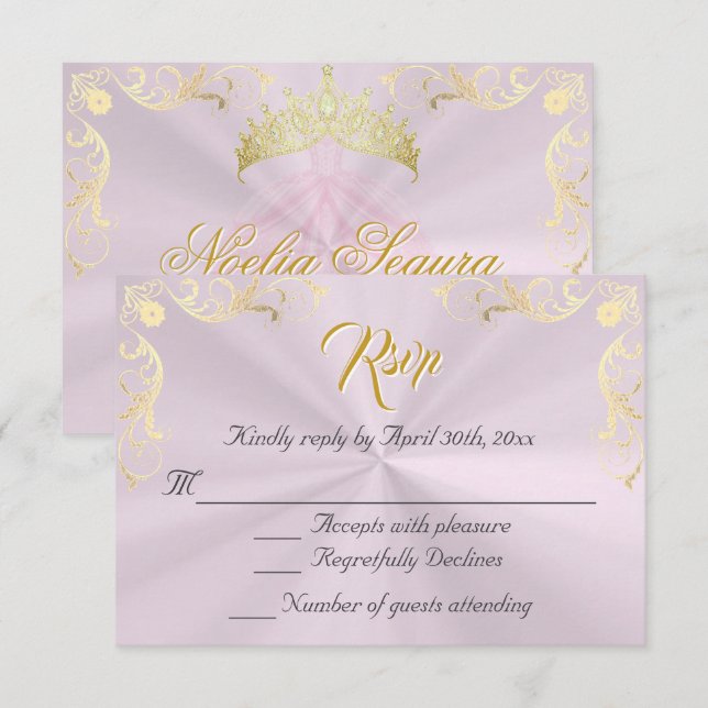 Vintage Frame Quinceanera RSVP - Pink/Gold Karte (Vorne/Hinten)
