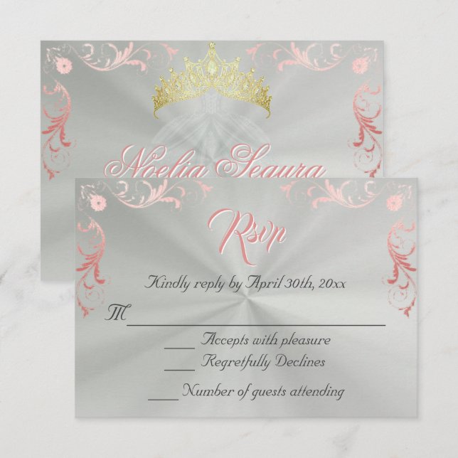 Vintage Frame Quinceanera RSVP - Sage/Rose Gold Karte (Vorne/Hinten)