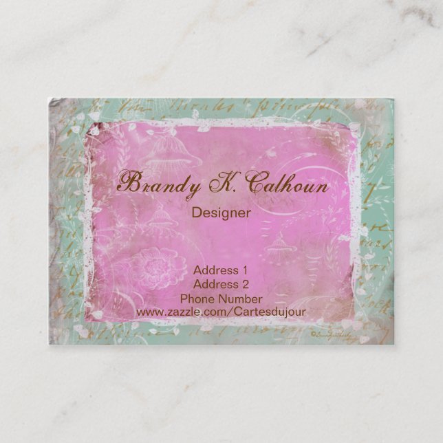 Vintage Franzosen Toile u. Skript-grünliches Blau Visitenkarte (Vorderseite)