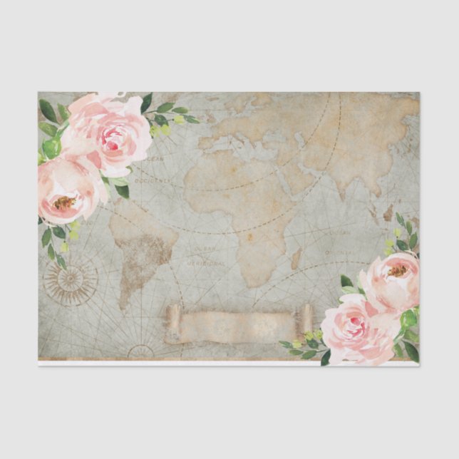 Vintage Französisch-Floral-Rose Alte Weltkarte Seidenpapier (Vorderseite)