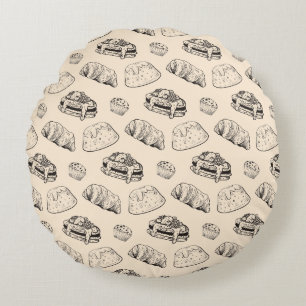 Vintage französische Bäckerei-Gebäck-Linienkunst B Rundes Kissen