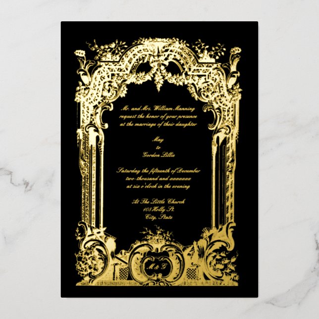 Vintage Französische Barock-Rokoko-Hochzeit Folieneinladung (Vorderseite)