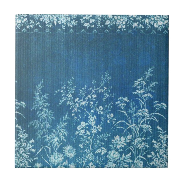 Vintage französische Blume Blue Tile Fliese (Vorderseite)