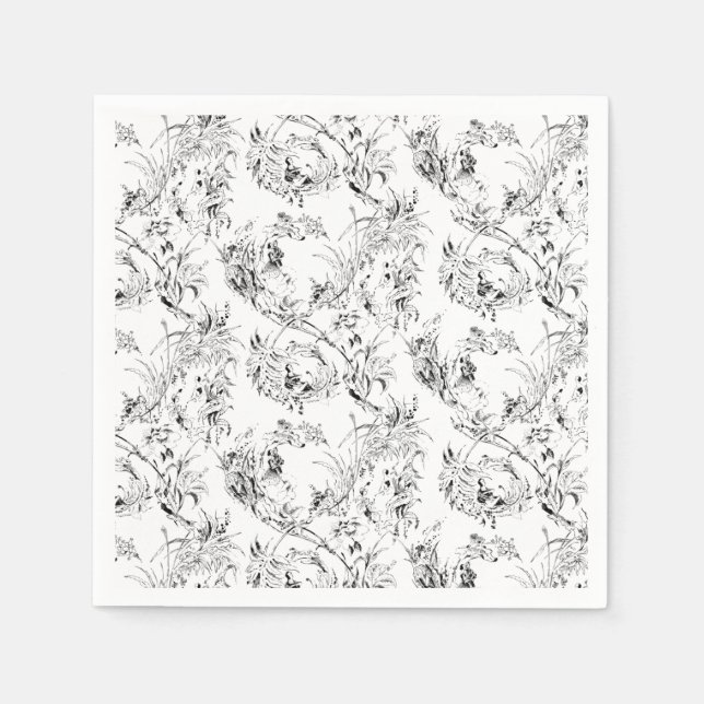 Vintage französische Blumenfantasy Toile-Black Serviette (Vorderseite)