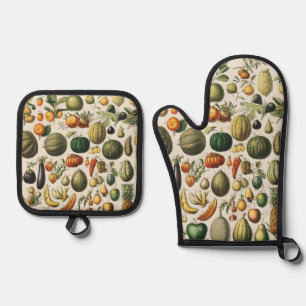 Vintage Französische Botanische Obstplakate Kunst Ofenhandschuh & Topflappen-Set