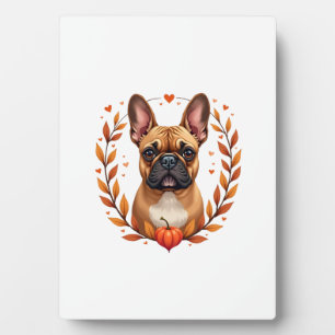 Vintage Französische Bulldogge mit Herbstlaubkranz Fotoplatte