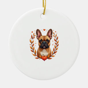 Vintage Französische Bulldogge mit Herbstlaubkranz Keramik Ornament