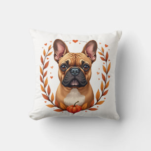 Vintage Französische Bulldogge mit Herbstlaubkranz Kissen