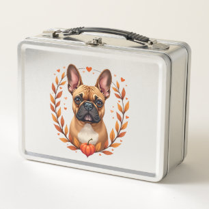 Vintage Französische Bulldogge mit Herbstlaubkranz Metall Brotdose