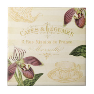 Vintage französische Café-Anzeige mit Orchideen Fliese
