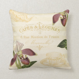 Vintage französische Café-Anzeige mit Orchideen Kissen
