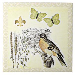 Vintage französische Collage Vogel Schmetterling F Fliese