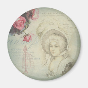 Vintage Französische Dame Rosa Rosen Kleiderpuppe Magnet