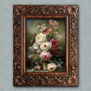 Vintage französische florale rosa und weiße Pfings Poster