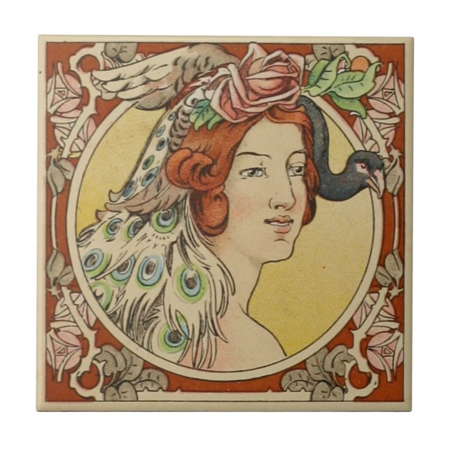 Vintage französische Frau im Jugendstil Fliese (Vorderseite)