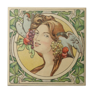 Vintage französische Frau Jugendstil-Keramik Fliese