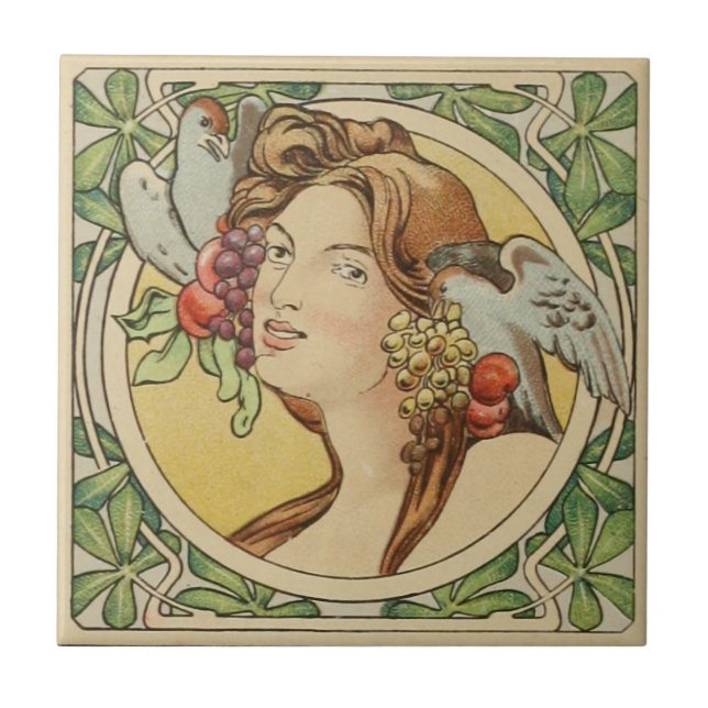 Vintage französische Frau Jugendstil-Keramik Fliese (Vorderseite)