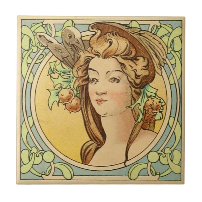 Vintage französische Frau Jugendstil-Keramik Fliese (Vorderseite)