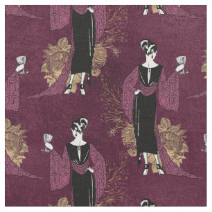 Vintage französische Frau mit Wein am Maroon Stoff