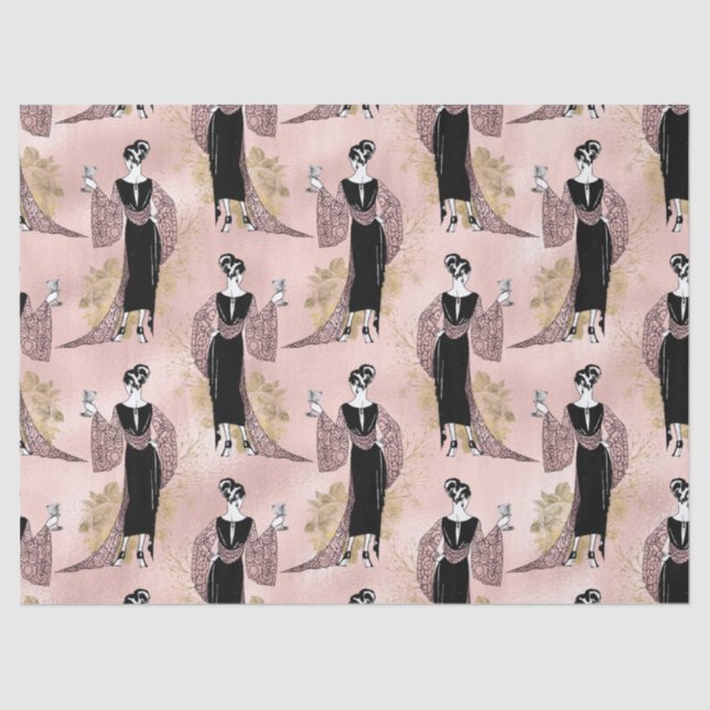 Vintage französische Frau mit Wein in Rosa Seidenpapier (Vorderseite)