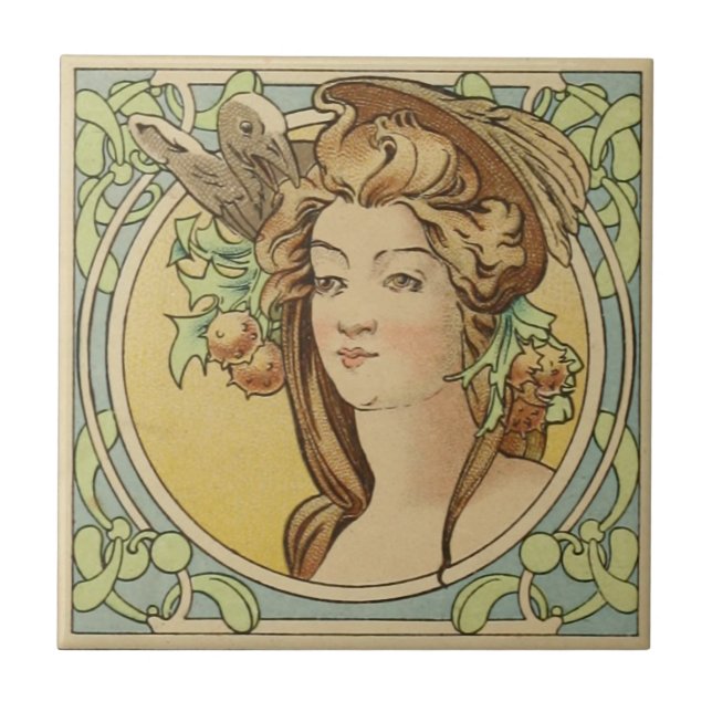 Vintage französische Frauen-Kunst Nouveau Keramik Fliese (Vorderseite)