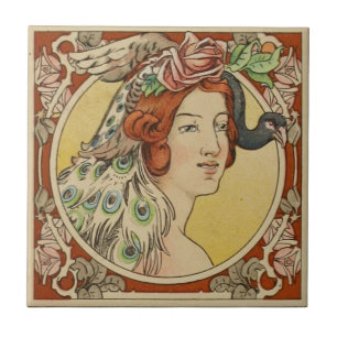 Vintage französische Frauen-rote Kunst Nouveau Fliese