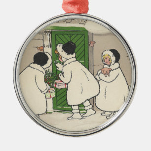 Vintage französische Gift Girls Weihnachtsfeier Ornament Aus Metall