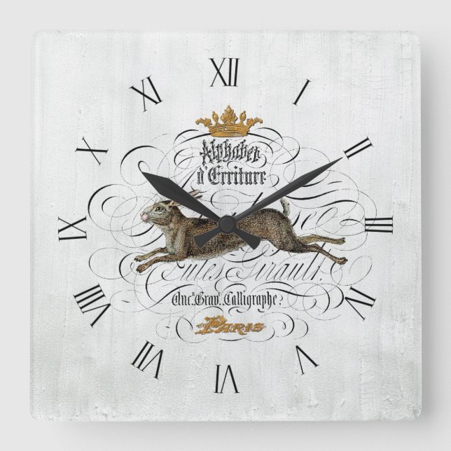 Vintage französische Grafik Quadratische Wanduhr (Vorderseite)