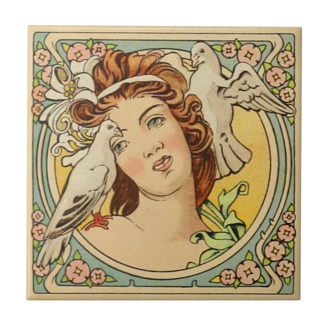 Vintage französische Jugendstil-Keramik Fliese (Vorderseite)