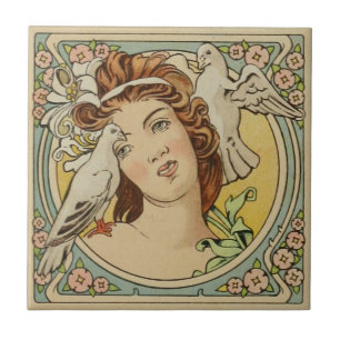 Vintage französische Jugendstil-Keramik Fliese