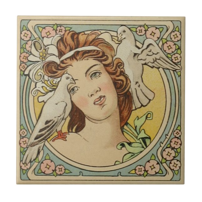Vintage französische Jugendstil-Keramik Fliese (Vorderseite)