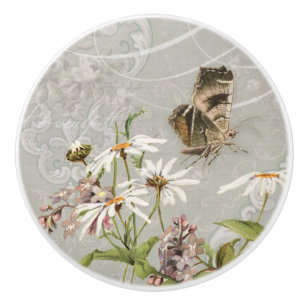 Vintage französische Kalligrafie Wilde Blume Butt Keramikknauf